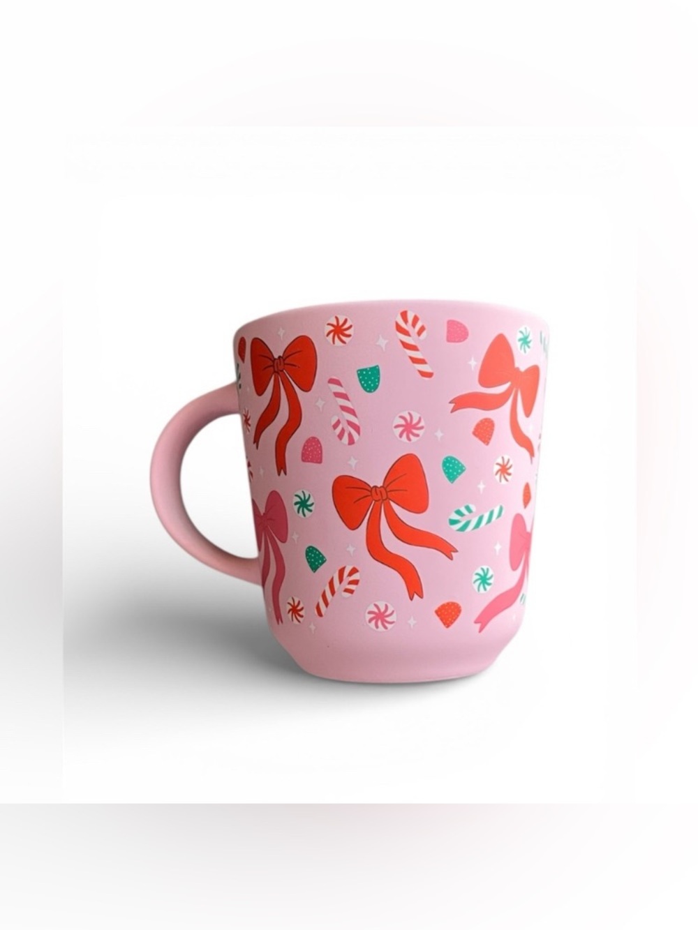 NEW Prima Design Pink Mug with Festive Bow Candy Cane Gum Drop Design Christmas